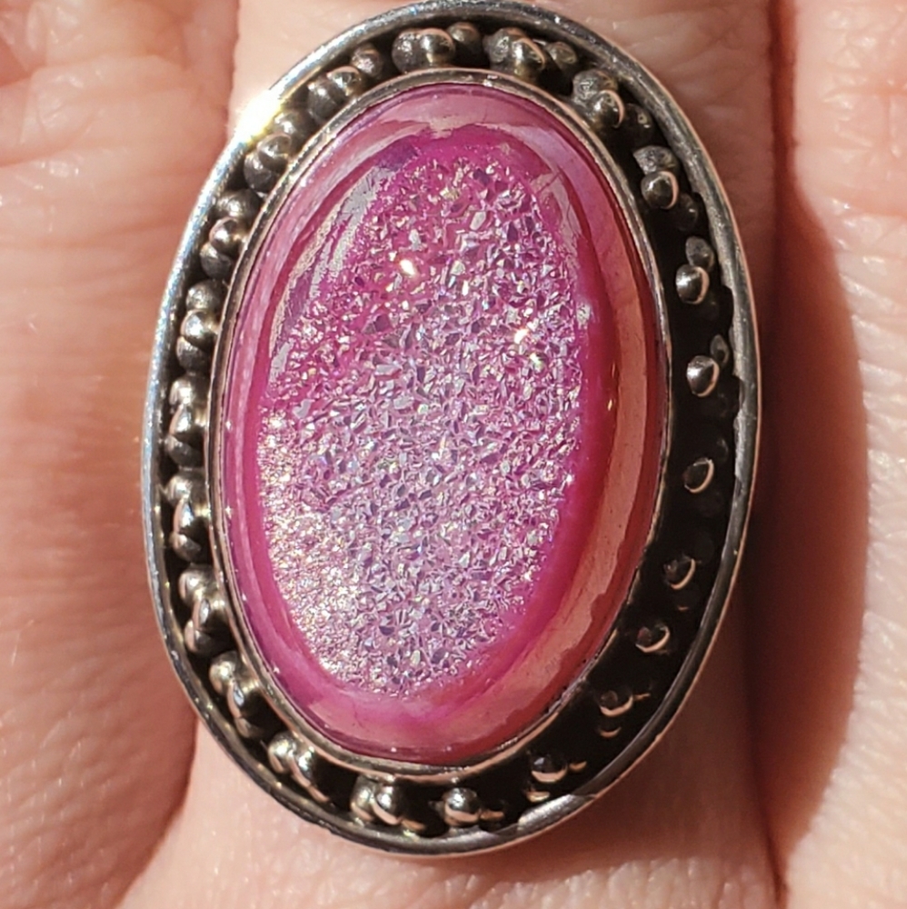 Pink Druzy with vintage sterling silver setting